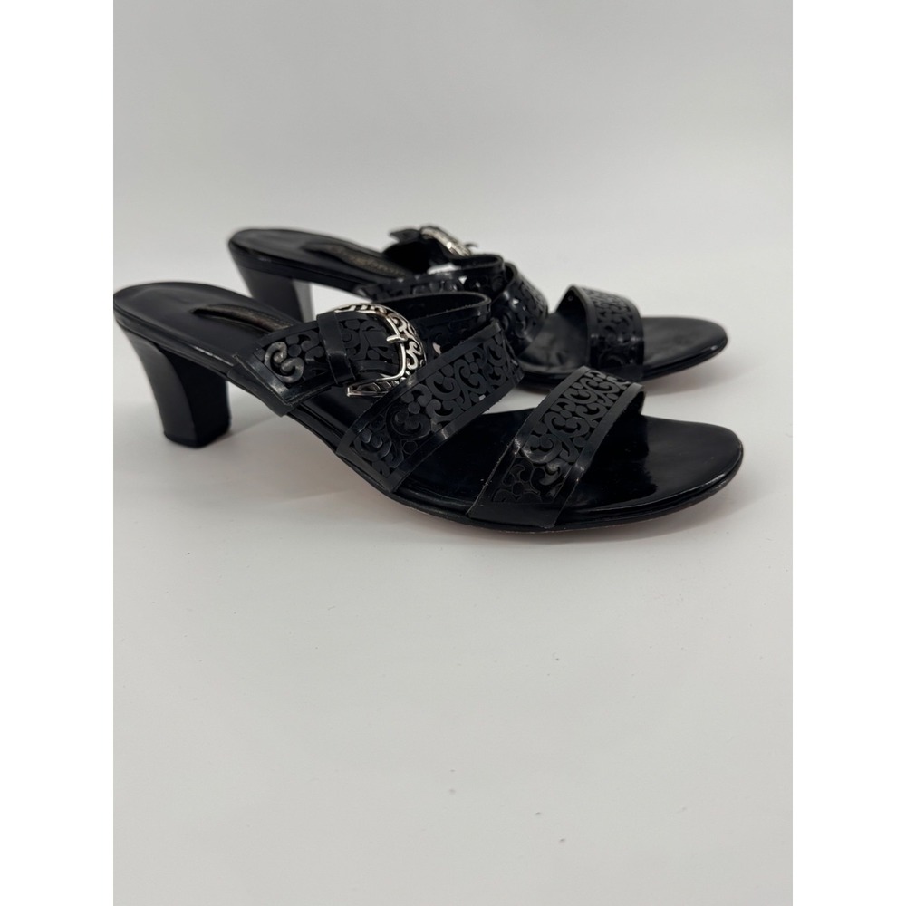 Brighton Womens sz 8M Black Tinsel Strappy Patent Sandals western chic boho luxe